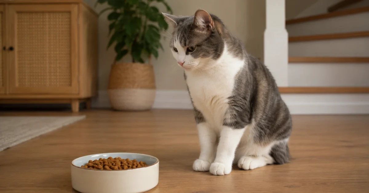 Calm cat sitting near a mostly full food bowl in a tidy indoor home