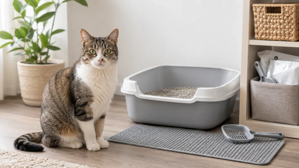 Calm adult cat sitting near a clean litter box area in a tidy indoor home setting