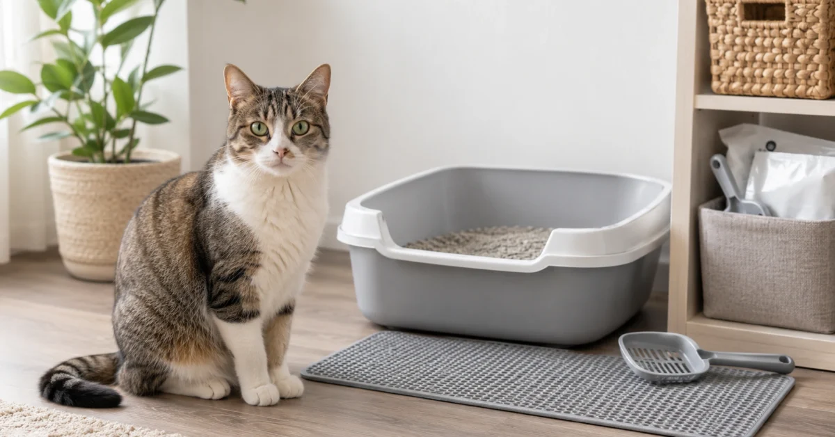 Calm adult cat sitting near a clean litter box area in a tidy indoor home setting