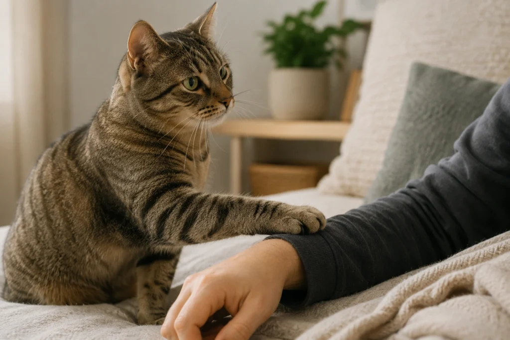 A calm cat gently placing one paw on its owner in a quiet home setting