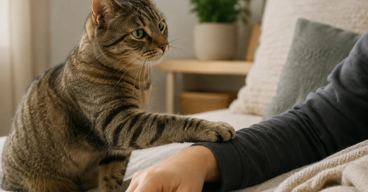 A calm cat gently placing one paw on its owner in a quiet home setting