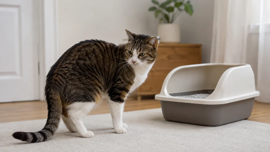 A calm adult cat standing near a clean litter box in a tidy home