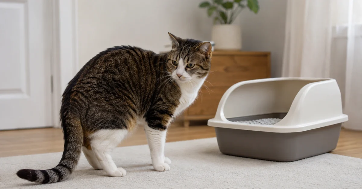 A calm adult cat standing near a clean litter box in a tidy home