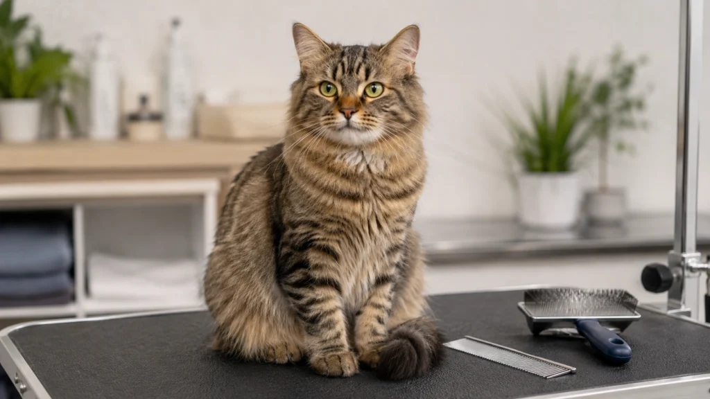 Calm adult cat sitting on a clean grooming table with a brush nearby in a tidy indoor grooming setting