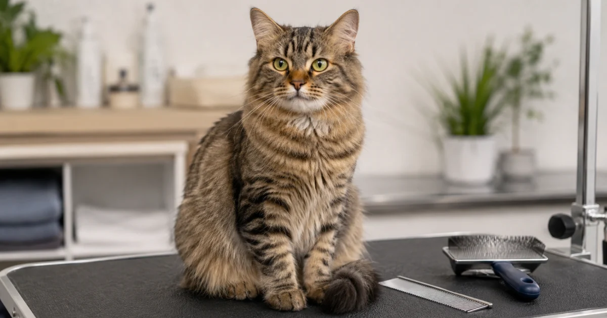 Calm adult cat sitting on a clean grooming table with a brush nearby in a tidy indoor grooming setting