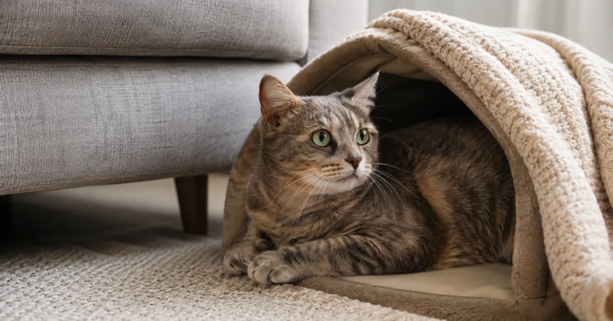 Alert adult cat resting safely in a quiet home corner after hearing a loud noise