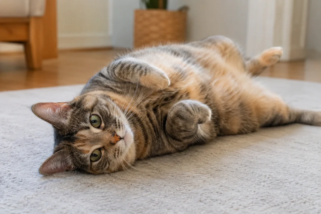 Relaxed cat rolling onto its side on a soft rug in a calm indoor home