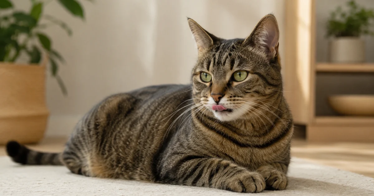 Healthy cat with tongue slightly visible in a calm home setting