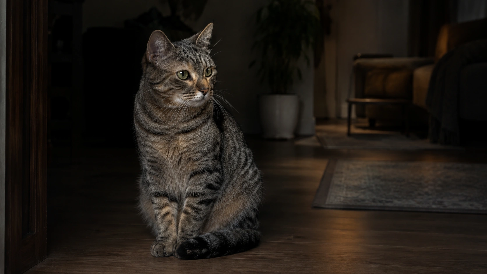 Calm adult cat sitting comfortably in a dimly lit indoor home setting