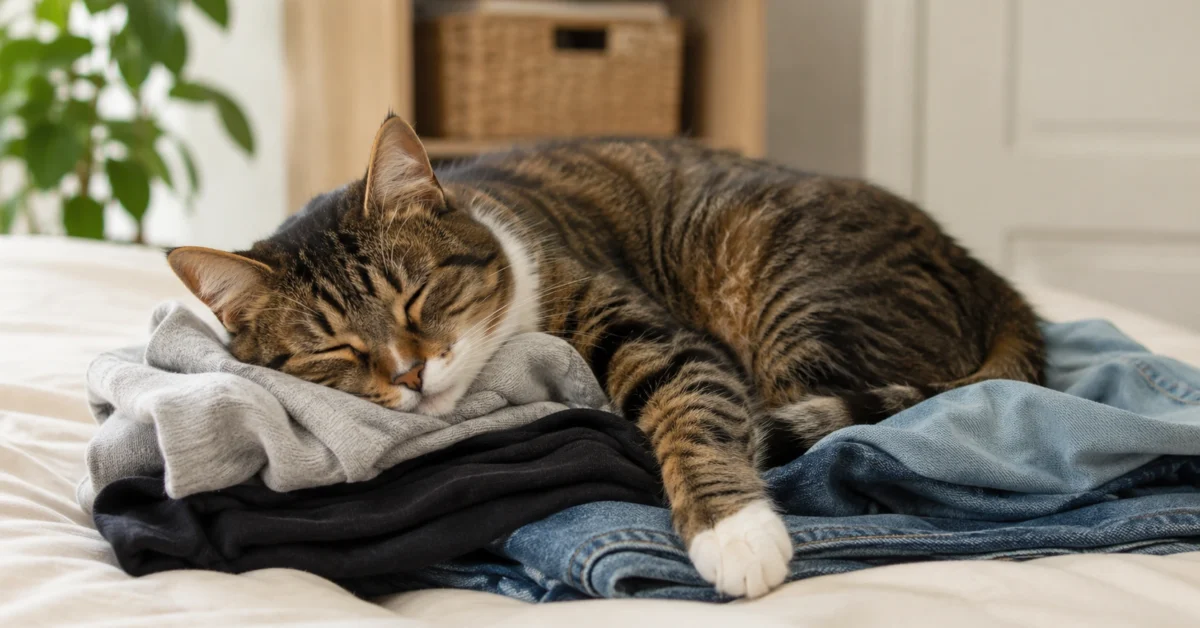 Calm adult cat sleeping on a small pile of clothes in a tidy indoor home setting