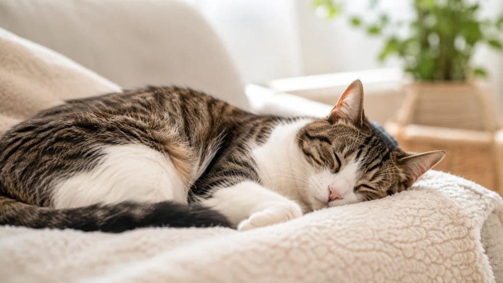 A relaxed cat sleeping peacefully in a calm home setting