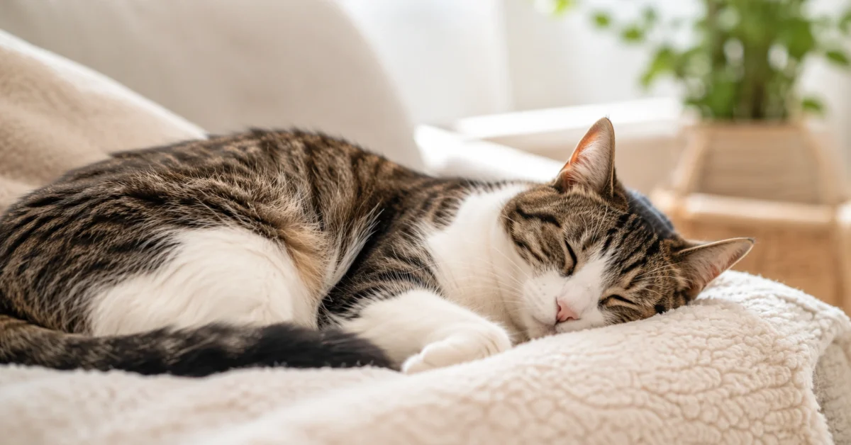 A relaxed cat sleeping peacefully in a calm home setting