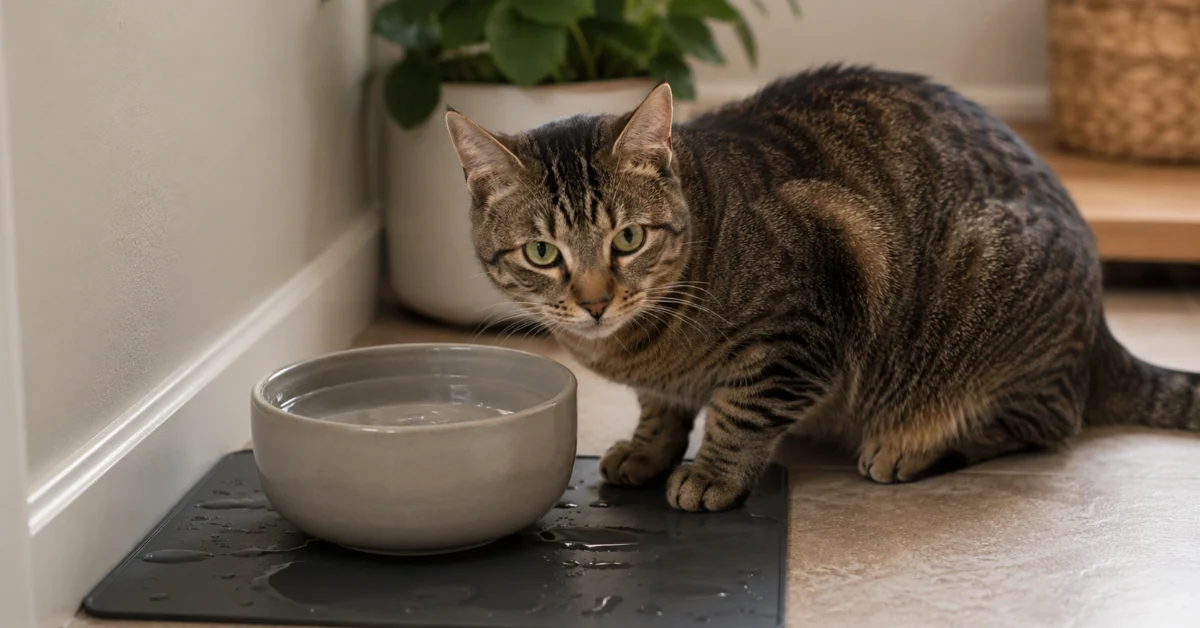 Blue-gray cat approaching a water bowl in a quiet, accessible part of an apartment