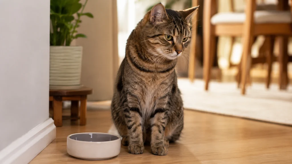 Cat sitting near a food bowl after eating in a calm home setting