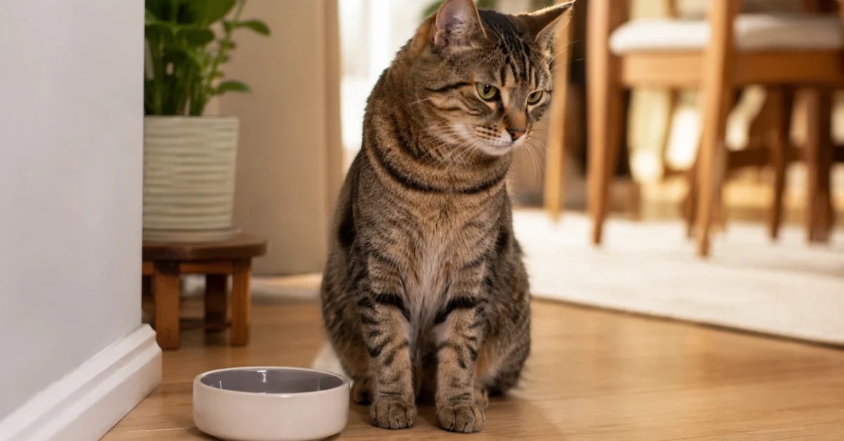 Cat sitting near a food bowl after eating in a calm home setting