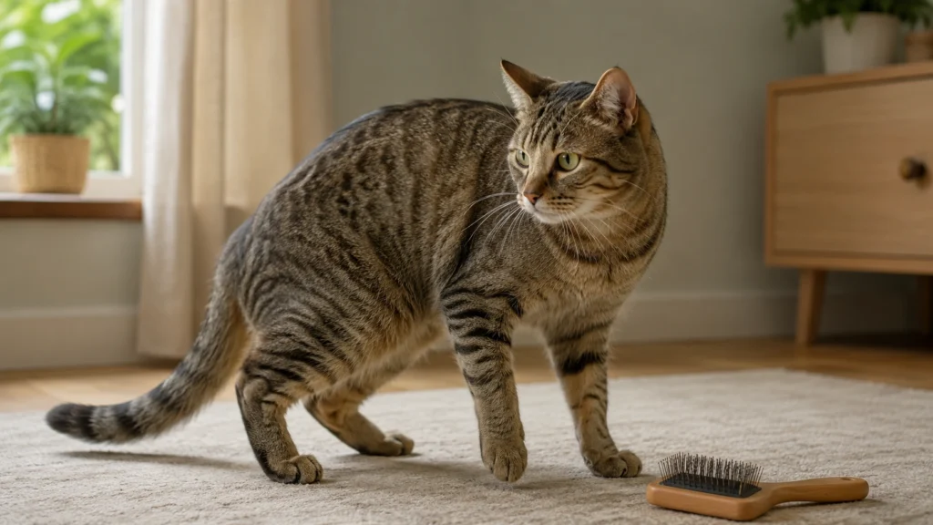 Healthy cat calmly moving away from a grooming brush in a tidy home.