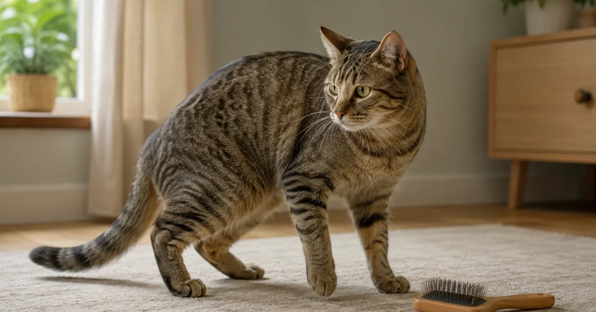 Healthy cat calmly moving away from a grooming brush in a tidy home.