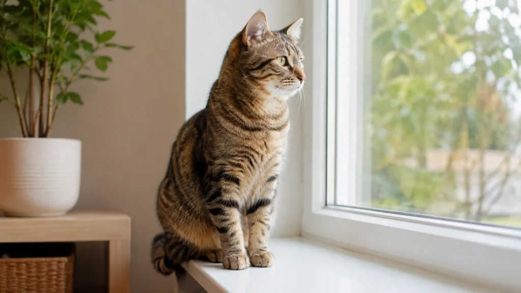 Healthy cat sitting by a bright window in a calm home.