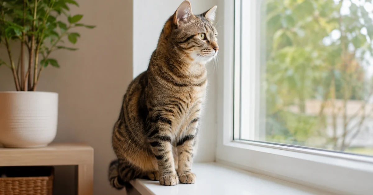 Healthy cat sitting by a bright window in a calm home.