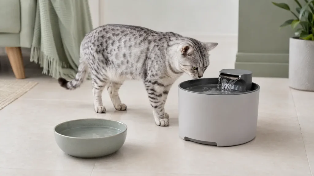 Silver spotted tabby cat investigating a water fountain beside a separate still-water bowl.
