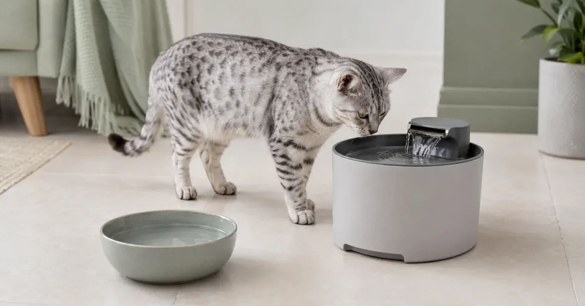 Silver spotted tabby cat investigating a water fountain beside a separate still-water bowl.