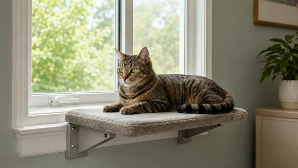 Brown mackerel tabby resting on a securely installed window perch beside a closed window