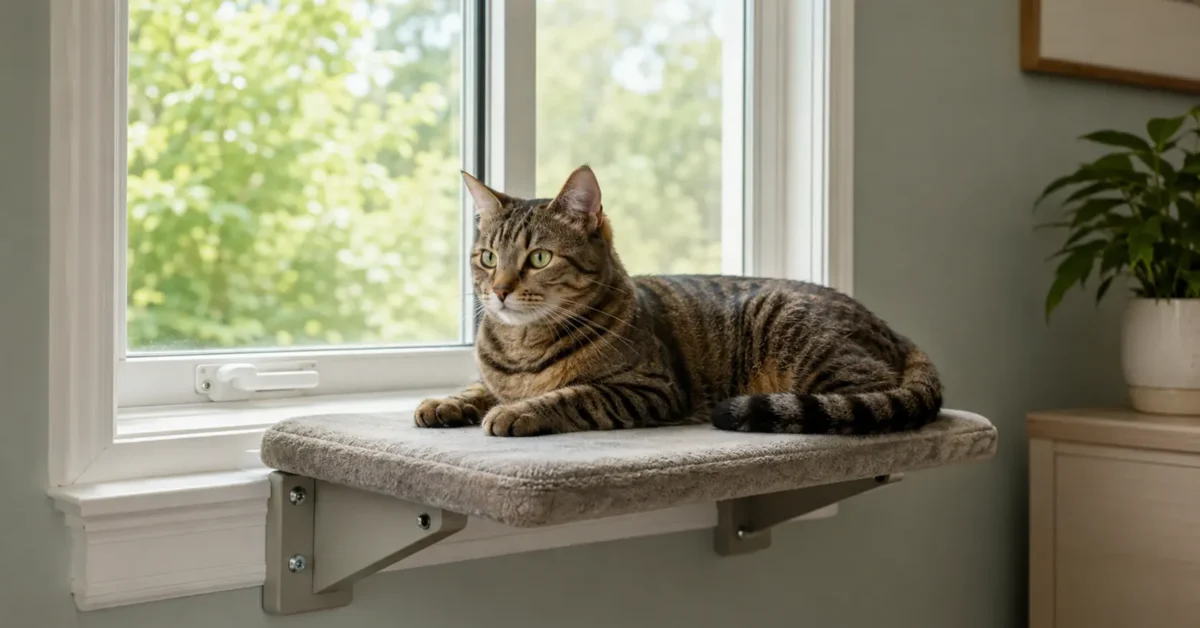 Brown mackerel tabby resting on a securely installed window perch beside a closed window