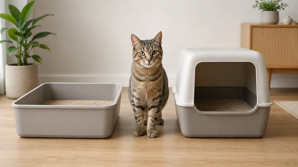 Calm cat beside one spacious covered and one large uncovered litter box