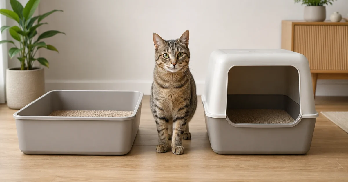 Calm cat beside one spacious covered and one large uncovered litter box