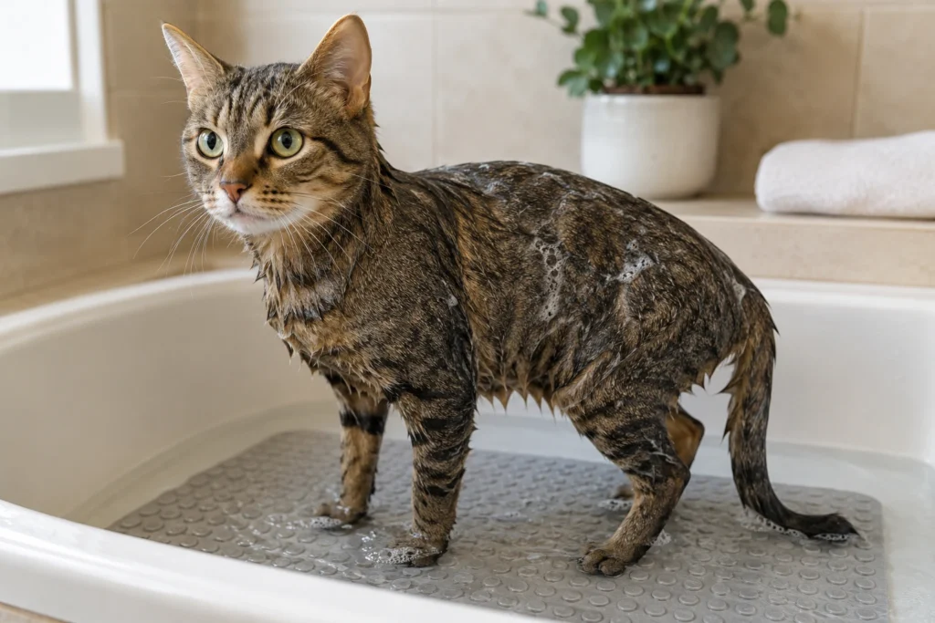 Calm domestic cat standing in shallow water during a gentle bath