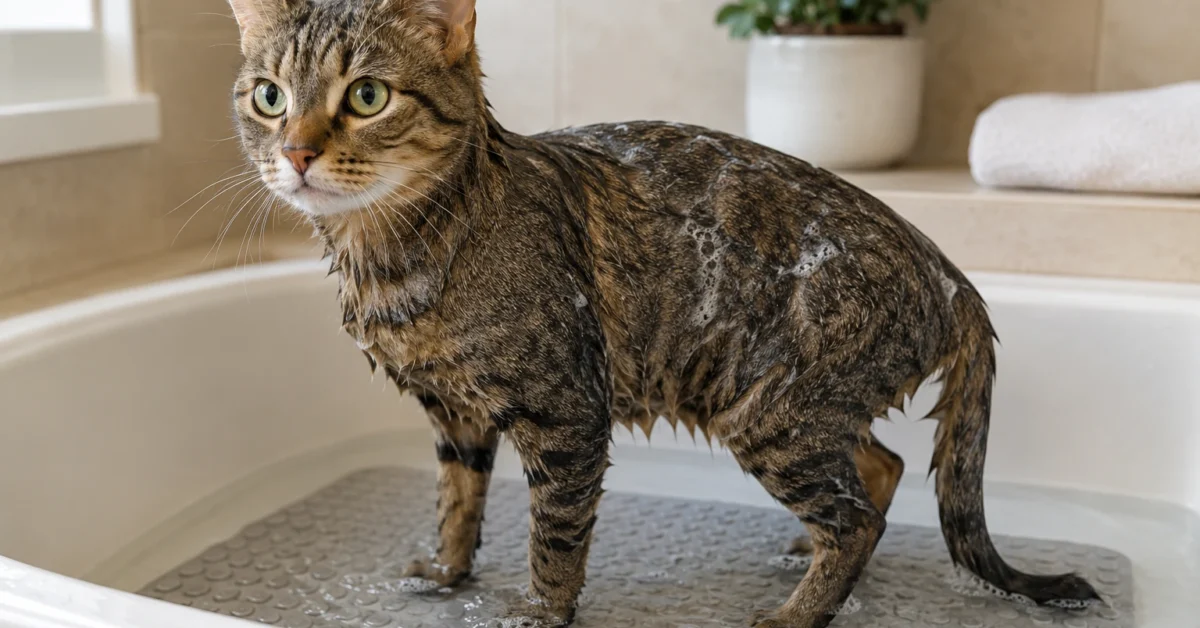 Calm domestic cat standing in shallow water during a gentle bath