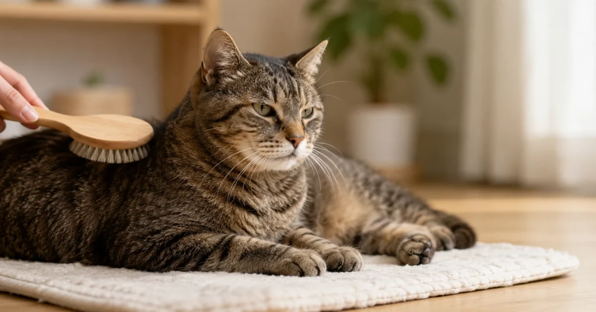 Featured image for How to Groom a Senior Cat Safely, showing an older cat being brushed gently while resting in a natural, supported position.