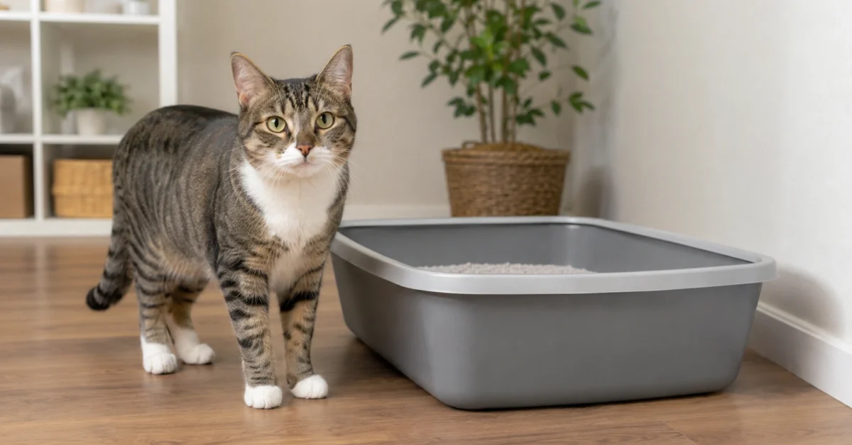 Healthy cat standing beside a clean litter box in a calm home setting