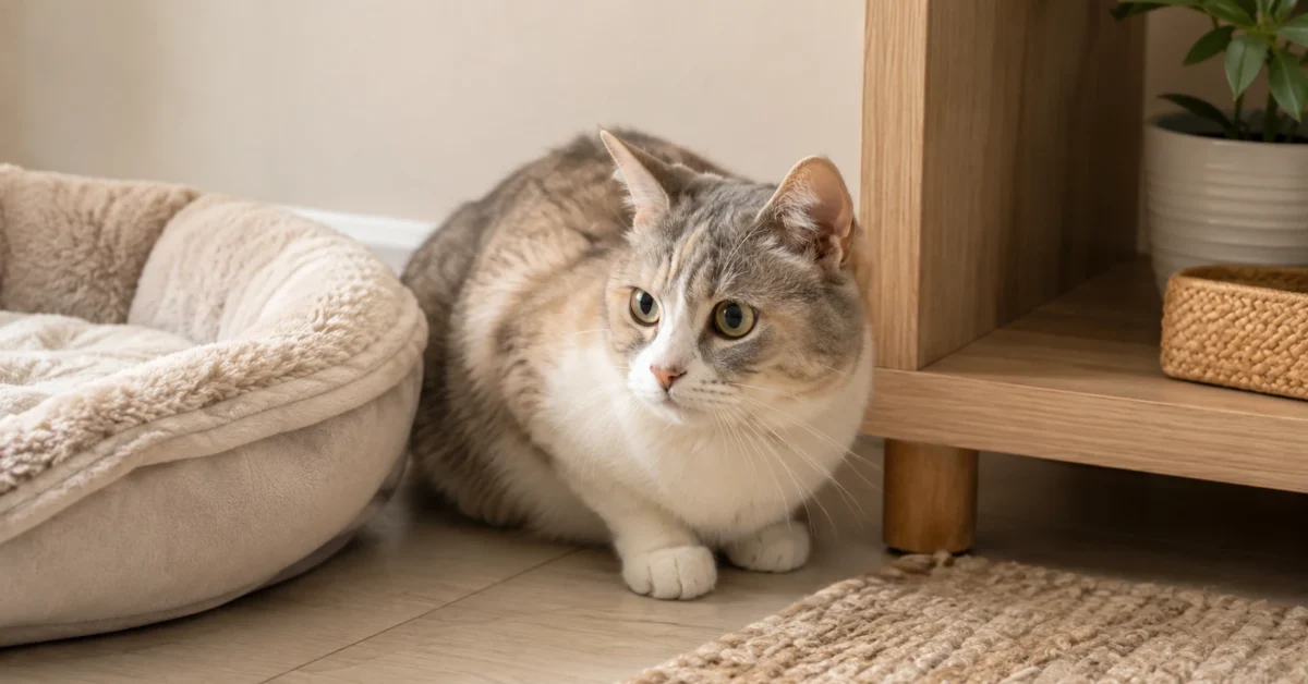 Alert adult cat resting in a quiet home corner, showing subtle signs of stress.