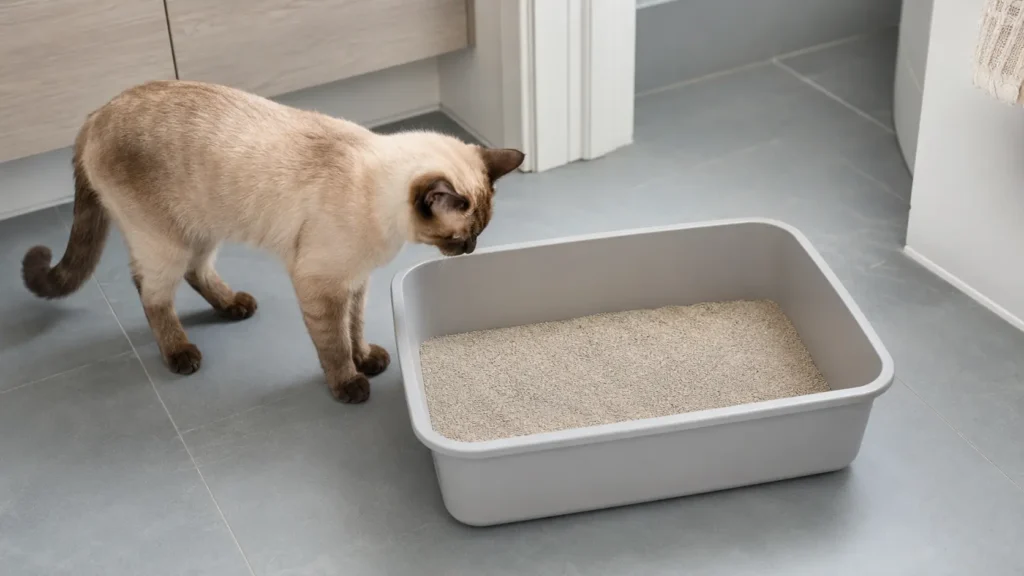 Cream-and-seal colorpoint cat inspecting an uncovered litter box with an even layer of fine-grained litter.