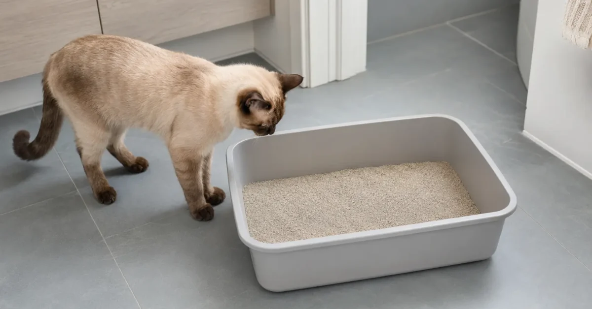 Cream-and-seal colorpoint cat inspecting an uncovered litter box with an even layer of fine-grained litter.