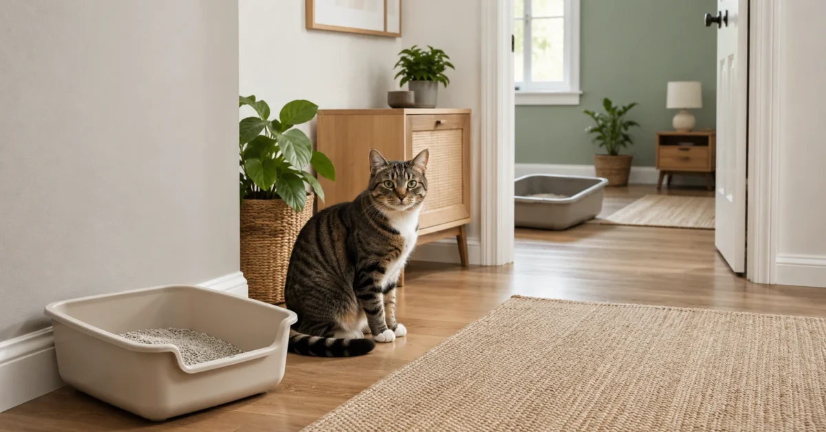 Calm cat with two litter boxes placed in separate areas of a home