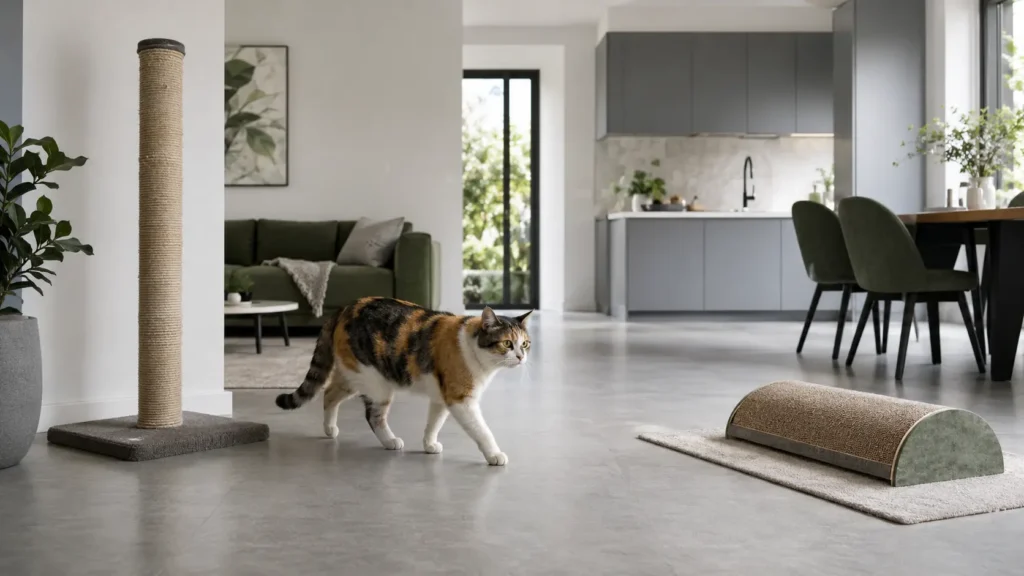 Calico cat moving through an open-plan home between scratching resources placed in separate areas