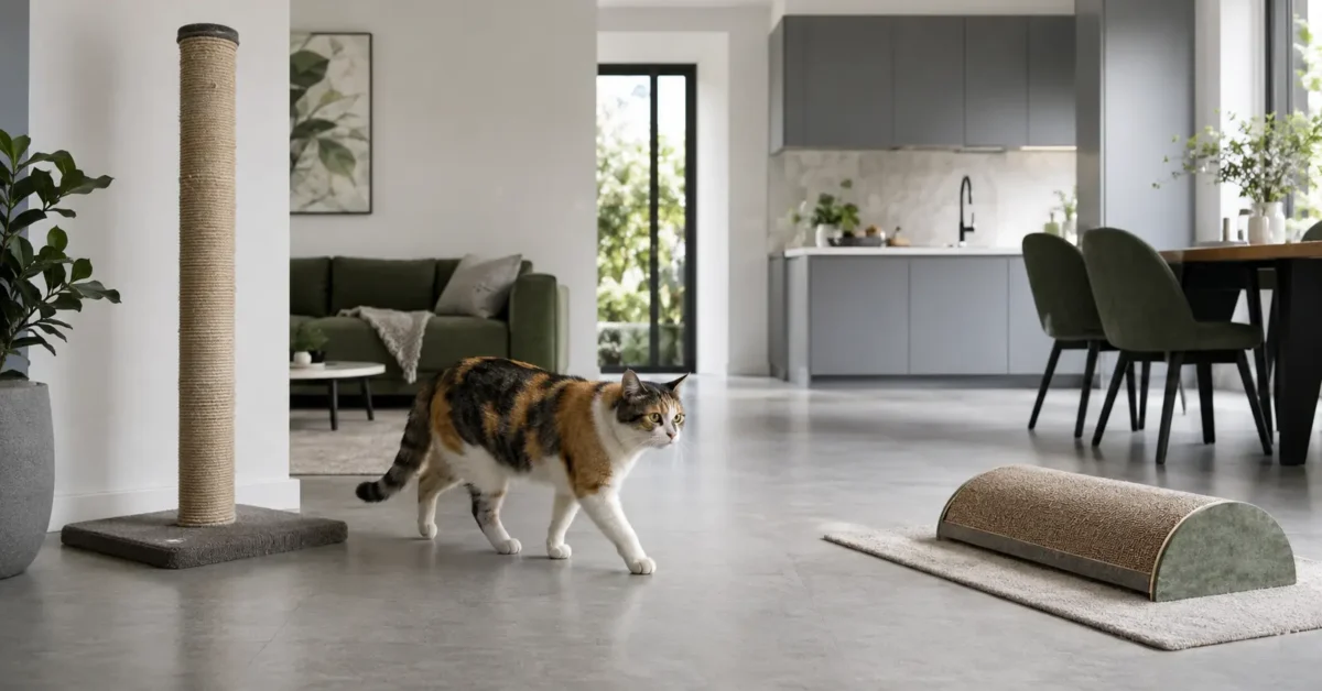 Calico cat moving through an open-plan home between scratching resources placed in separate areas