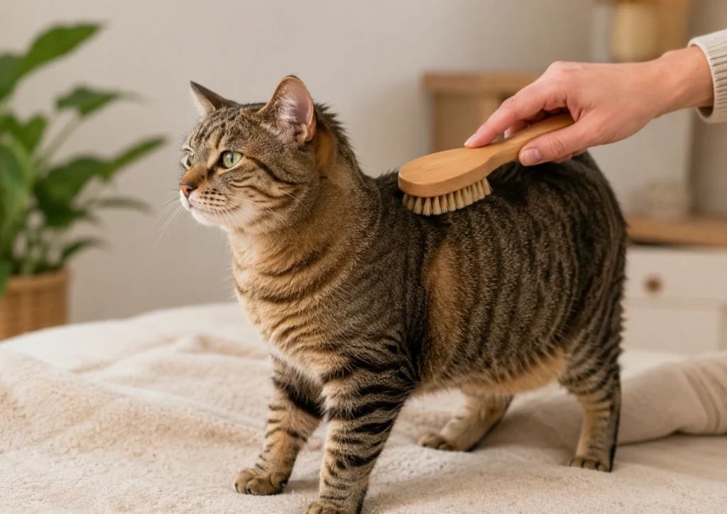 Calm domestic cat being gently brushed at home