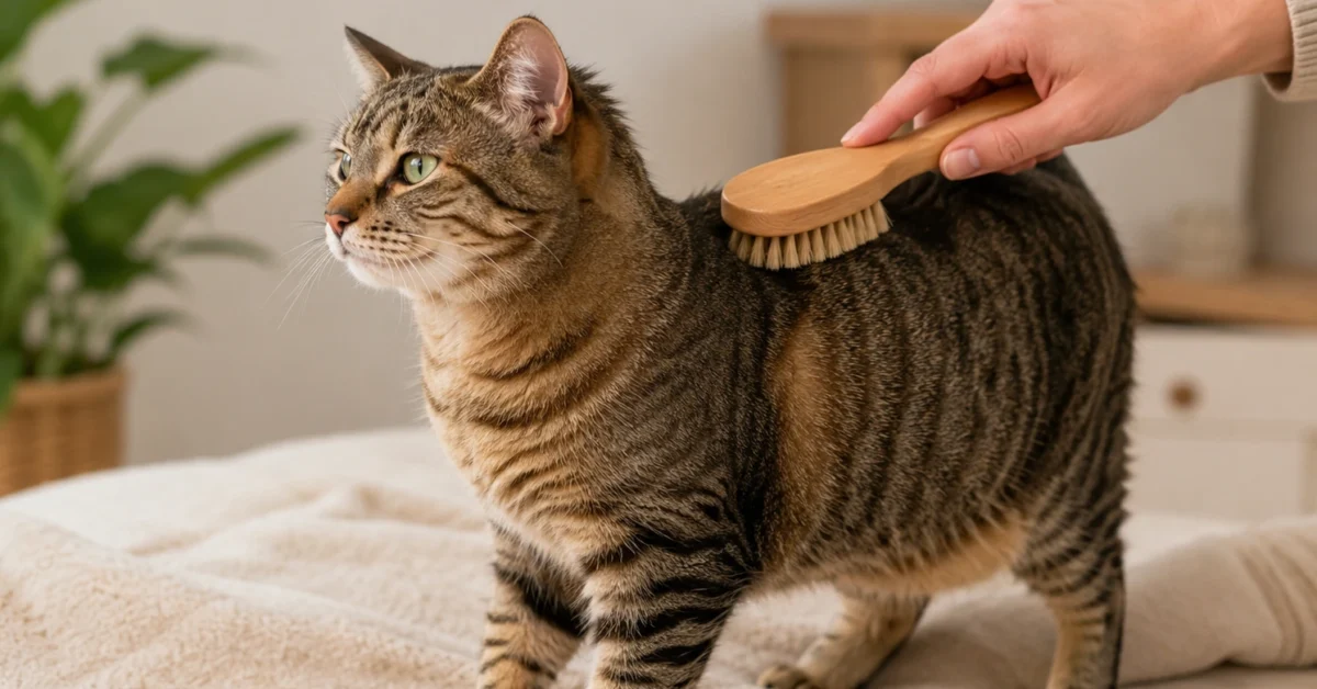 Calm domestic cat being gently brushed at home