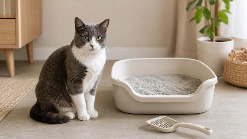 Clean cat litter box beside a calm cat in a tidy neutral home setting.