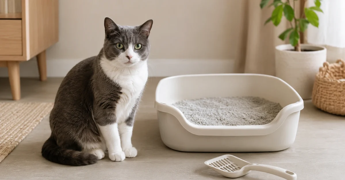 Clean cat litter box beside a calm cat in a tidy neutral home setting.