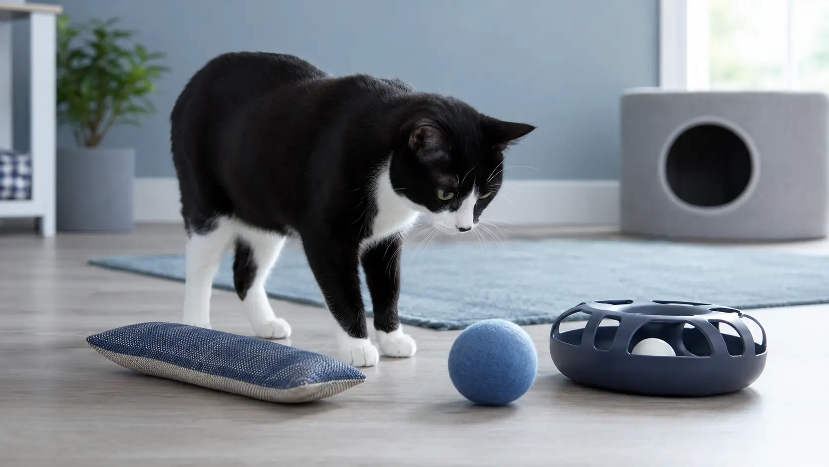 Lean black-and-white tuxedo cat investigating several sturdy toys in a cool blue-gray play area.