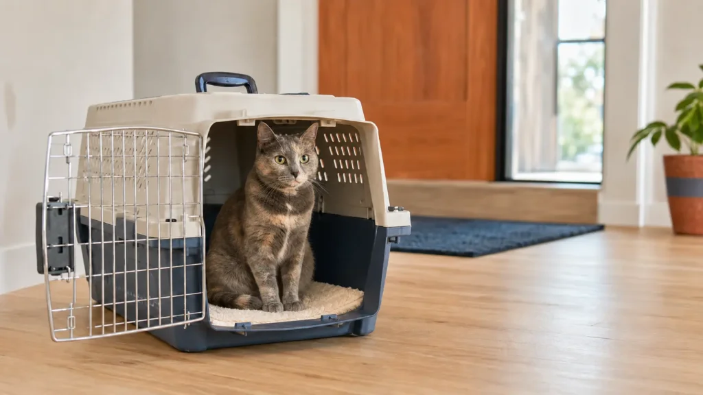Dilute tortoiseshell cat sitting inside a sturdy ventilated carrier with its front door open