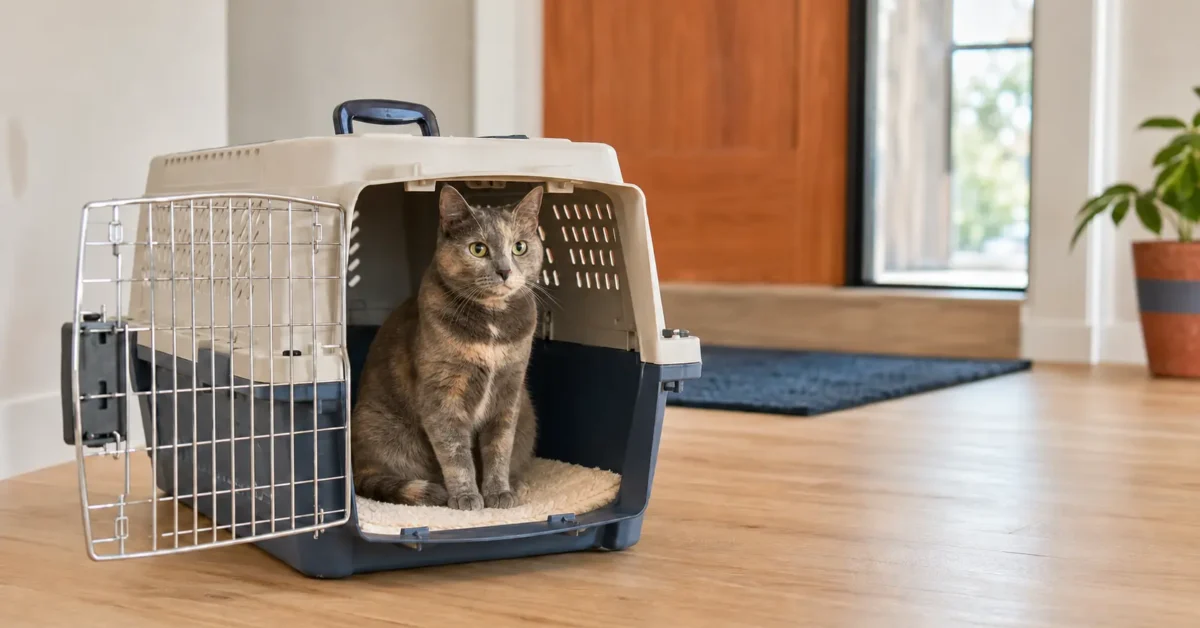 Dilute tortoiseshell cat sitting inside a sturdy ventilated carrier with its front door open