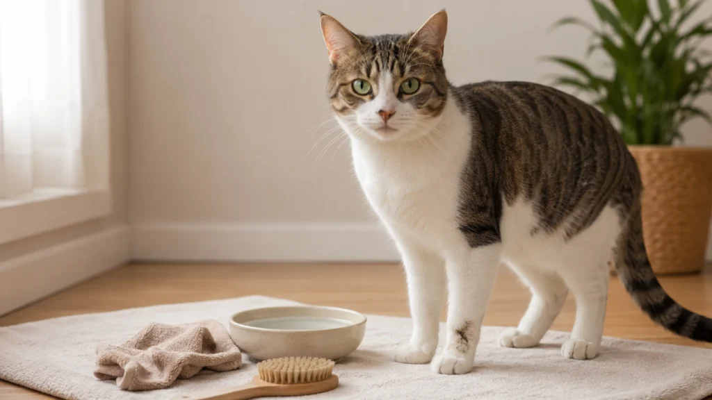 Cat beside a soft damp cloth and brush for gentle spot-cleaning without a bath Media title: How to Clean Your Cat Without a Bath