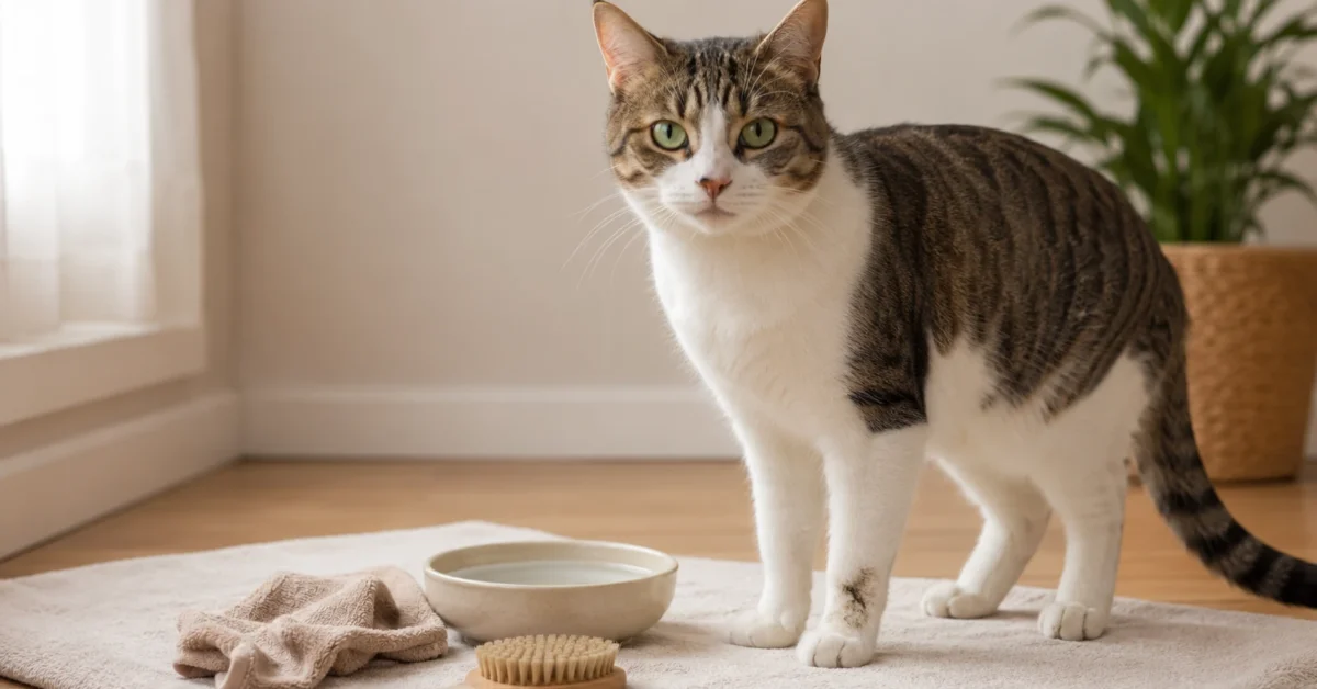 Cat beside a soft damp cloth and brush for gentle spot-cleaning without a bath Media title: How to Clean Your Cat Without a Bath