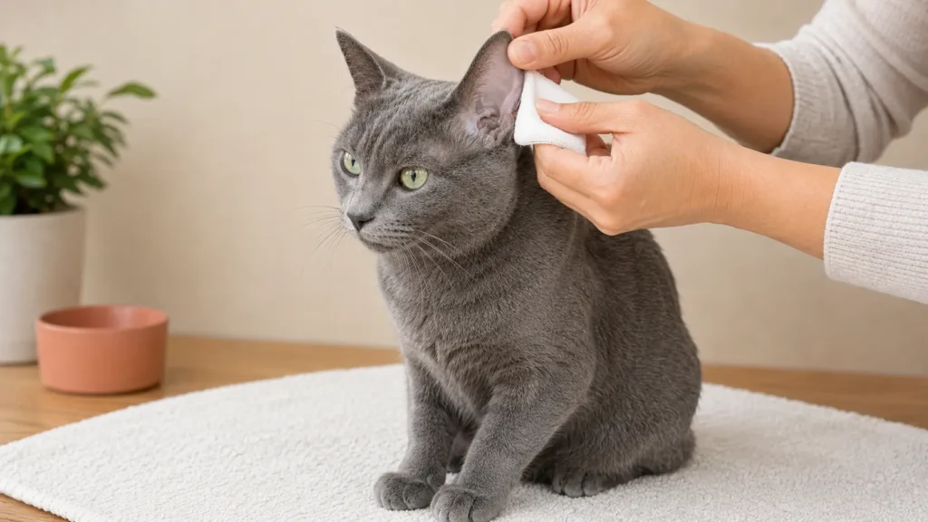 Calm blue-gray cat having the visible outer ear gently wiped with folded gauze.