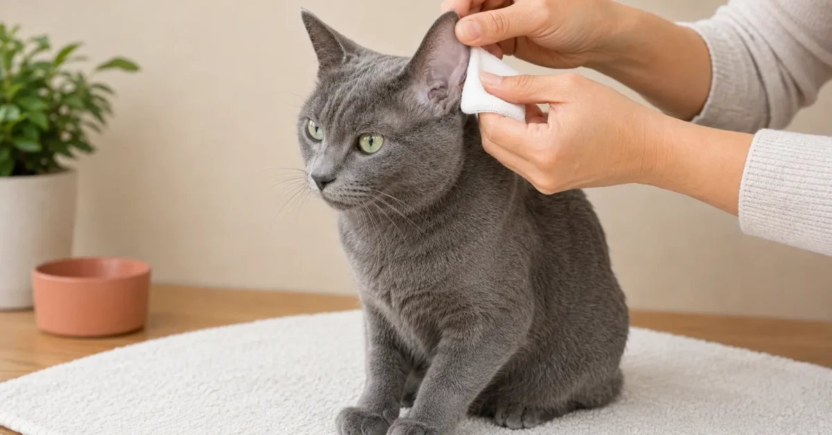 Calm blue-gray cat having the visible outer ear gently wiped with folded gauze.